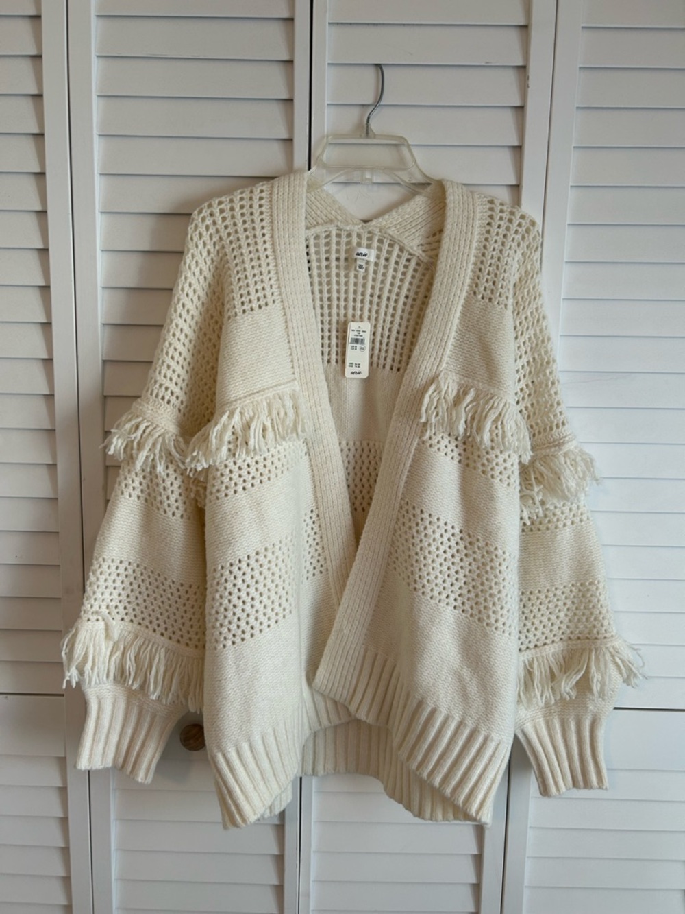 NWT. AERIE Open-Front Cream Fringe Knit Cardigan Sweater